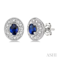 4x3 MM Oval Shaped Sapphire and 1/10 ctw Single Cut Diamond Earrings in 14K White Gold 4x3 MM Oval Shaped Sapphire and 1/10 ctw Single Cut Diamond Earrings in 14K White Gold