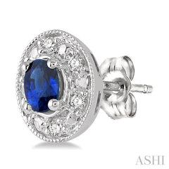 4x3 MM Oval Shaped Sapphire and 1/10 ctw Single Cut Diamond Earrings in 14K White Gold 4x3 MM Oval Shaped Sapphire and 1/10 ctw Single Cut Diamond Earrings in 14K White Gold
