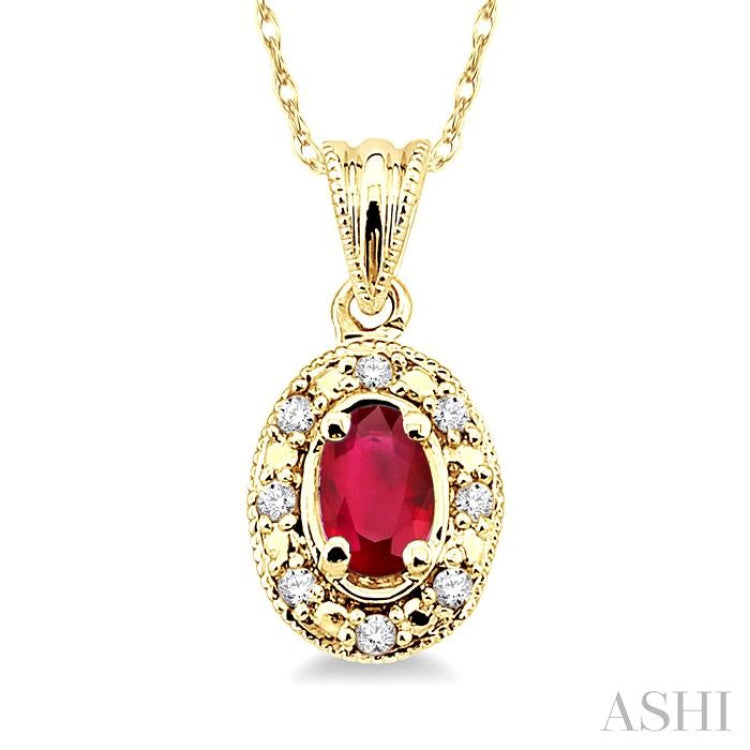 5x3 MM Oval Shape Ruby and 1/20 Ctw Single Cut Diamond Pendant in 14K Yellow Gold with Chain 5x3 MM Oval Shape Ruby and 1/20 Ctw Single Cut Diamond Pendant in 14K Yellow Gold with Chain
