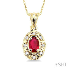 5x3 MM Oval Shape Ruby and 1/20 Ctw Single Cut Diamond Pendant in 14K Yellow Gold with Chain 5x3 MM Oval Shape Ruby and 1/20 Ctw Single Cut Diamond Pendant in 14K Yellow Gold with Chain