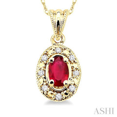 5x3 MM Oval Shape Ruby and 1/20 Ctw Single Cut Diamond Pendant in 14K Yellow Gold with Chain 5x3 MM Oval Shape Ruby and 1/20 Ctw Single Cut Diamond Pendant in 14K Yellow Gold with Chain