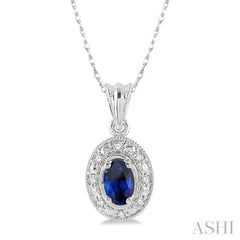 5x3 MM Oval Shape Sapphire and 1/20 Ctw Single Cut Diamond Pendant in 14K White Gold with Chain 5x3 MM Oval Shape Sapphire and 1/20 Ctw Single Cut Diamond Pendant in 14K White Gold with Chain