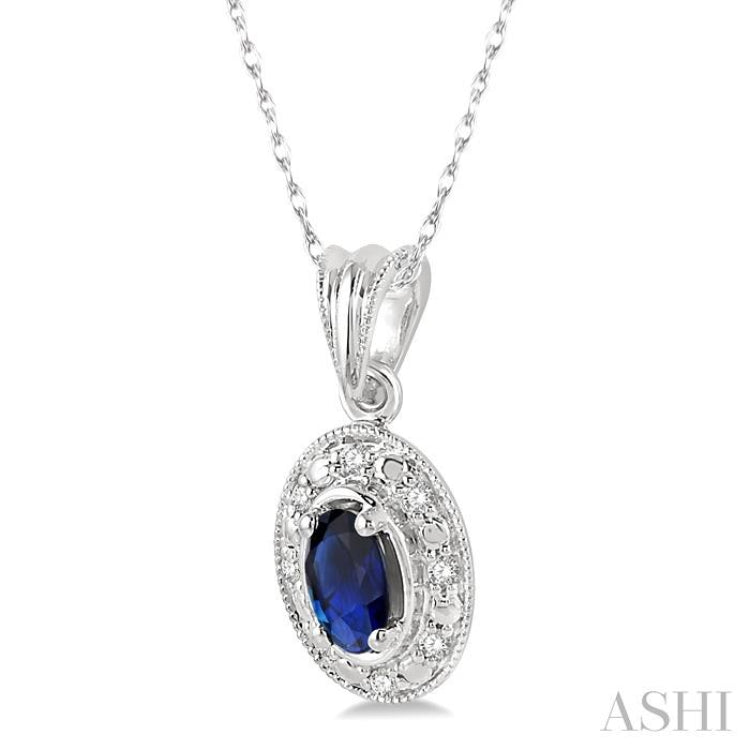 5x3 MM Oval Shape Sapphire and 1/20 Ctw Single Cut Diamond Pendant in 14K White Gold with Chain 5x3 MM Oval Shape Sapphire and 1/20 Ctw Single Cut Diamond Pendant in 14K White Gold with Chain