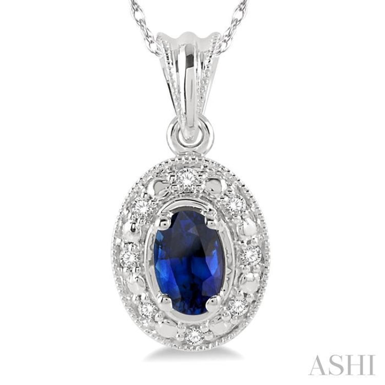 5x3 MM Oval Shape Sapphire and 1/20 Ctw Single Cut Diamond Pendant in 14K White Gold with Chain 5x3 MM Oval Shape Sapphire and 1/20 Ctw Single Cut Diamond Pendant in 14K White Gold with Chain