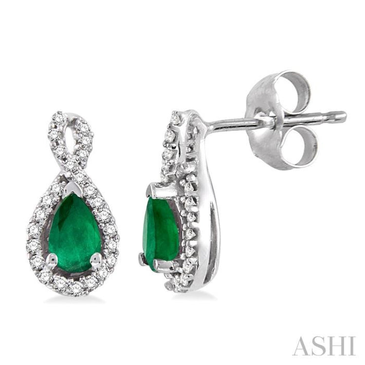 5x3 MM Pear Shape Emerald and 1/6 Ctw Round Cut Diamond Earrings in 14K White Gold 5x3 MM Pear Shape Emerald and 1/6 Ctw Round Cut Diamond Earrings in 14K White Gold