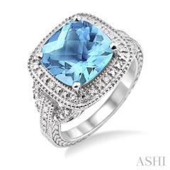 10x10 MM Cushion Shape Blue Topaz and 1/20 Ctw Single Cut Diamond Ring in Sterling Silver 10x10 MM Cushion Shape Blue Topaz and 1/20 Ctw Single Cut Diamond Ring in Sterling Silver