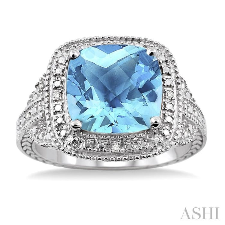 10x10 MM Cushion Shape Blue Topaz and 1/20 Ctw Single Cut Diamond Ring in Sterling Silver 10x10 MM Cushion Shape Blue Topaz and 1/20 Ctw Single Cut Diamond Ring in Sterling Silver