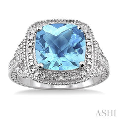 10x10 MM Cushion Shape Blue Topaz and 1/20 Ctw Single Cut Diamond Ring in Sterling Silver 10x10 MM Cushion Shape Blue Topaz and 1/20 Ctw Single Cut Diamond Ring in Sterling Silver