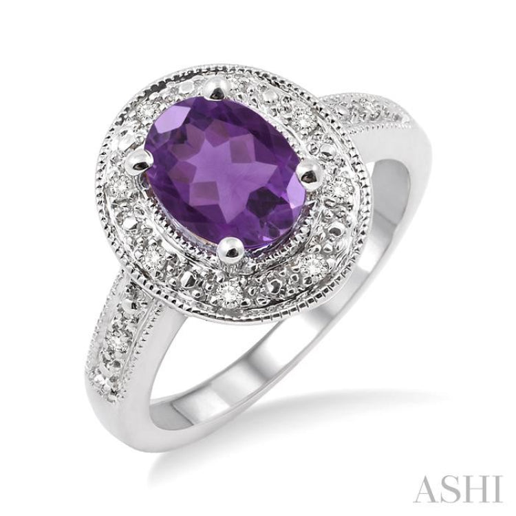8x6 MM Oval Cut Amethyst and 1/20 ctw Single Cut Diamond Ring in Sterling Silver 8x6 MM Oval Cut Amethyst and 1/20 ctw Single Cut Diamond Ring in Sterling Silver