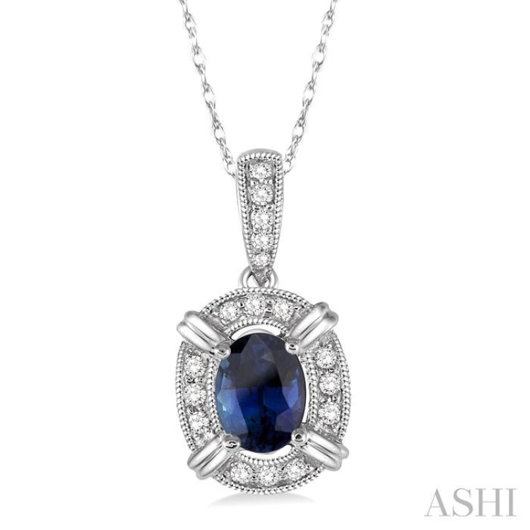 6x4 MM Oval Cut Sapphire and 1/10 Ctw Single Cut Diamond Pendant in 10K White Gold with Chain 6x4 MM Oval Cut Sapphire and 1/10 Ctw Single Cut Diamond Pendant in 10K White Gold with Chain