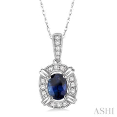 6x4 MM Oval Cut Sapphire and 1/10 Ctw Single Cut Diamond Pendant in 10K White Gold with Chain 6x4 MM Oval Cut Sapphire and 1/10 Ctw Single Cut Diamond Pendant in 10K White Gold with Chain