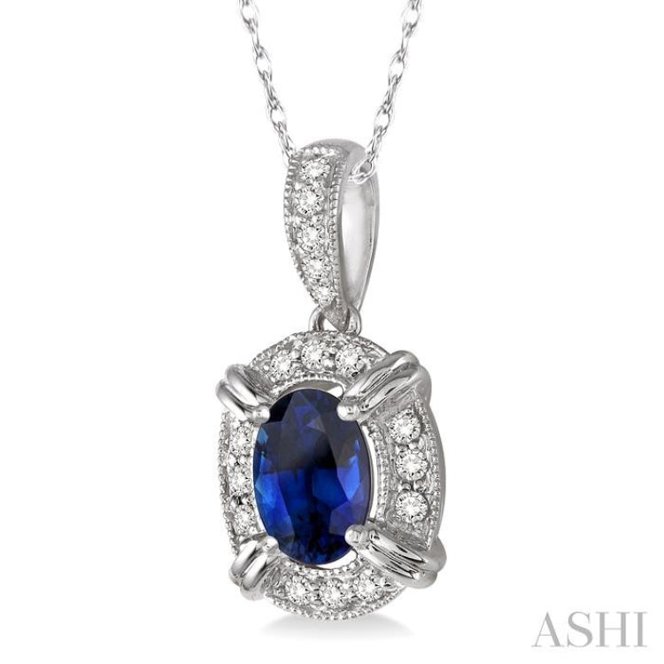 6x4 MM Oval Cut Sapphire and 1/10 Ctw Single Cut Diamond Pendant in 10K White Gold with Chain 6x4 MM Oval Cut Sapphire and 1/10 Ctw Single Cut Diamond Pendant in 10K White Gold with Chain