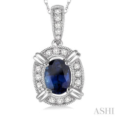 6x4 MM Oval Cut Sapphire and 1/10 Ctw Single Cut Diamond Pendant in 10K White Gold with Chain 6x4 MM Oval Cut Sapphire and 1/10 Ctw Single Cut Diamond Pendant in 10K White Gold with Chain