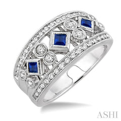 2.2 MM & 2.4 MM Princess Cut Sapphire and 3/8 Ctw Round Cut Diamond Precious Fashion Band in 14K White Gold 2.2 MM & 2.4 MM Princess Cut Sapphire and 3/8 Ctw Round Cut Diamond Precious Fashion Band in 14K White Gold