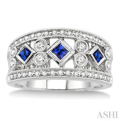 2.2 MM & 2.4 MM Princess Cut Sapphire and 3/8 Ctw Round Cut Diamond Precious Fashion Band in 14K White Gold 2.2 MM & 2.4 MM Princess Cut Sapphire and 3/8 Ctw Round Cut Diamond Precious Fashion Band in 14K White Gold