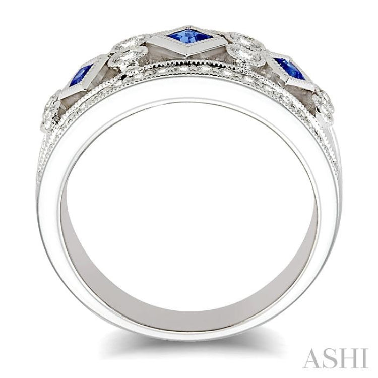 2.2 MM & 2.4 MM Princess Cut Sapphire and 3/8 Ctw Round Cut Diamond Precious Fashion Band in 14K White Gold 2.2 MM & 2.4 MM Princess Cut Sapphire and 3/8 Ctw Round Cut Diamond Precious Fashion Band in 14K White Gold