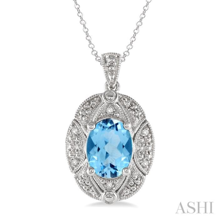 9x7 MM Oval Cut Blue Topaz and 1/50 Ctw Single Cut Diamond Pendant in Sterling Silver with Chain 9x7 MM Oval Cut Blue Topaz and 1/50 Ctw Single Cut Diamond Pendant in Sterling Silver with Chain