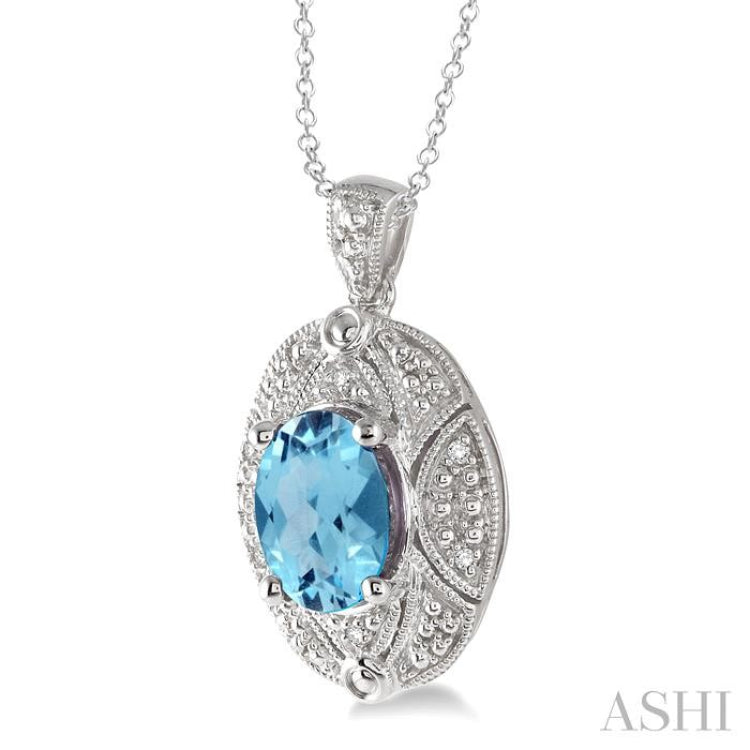 9x7 MM Oval Cut Blue Topaz and 1/50 Ctw Single Cut Diamond Pendant in Sterling Silver with Chain 9x7 MM Oval Cut Blue Topaz and 1/50 Ctw Single Cut Diamond Pendant in Sterling Silver with Chain