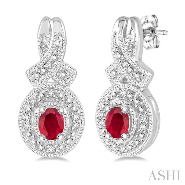 4x3 MM Oval Cut Ruby and 1/20 ctw Single Cut Diamond Earrings in Sterling Silver 4x3 MM Oval Cut Ruby and 1/20 ctw Single Cut Diamond Earrings in Sterling Silver