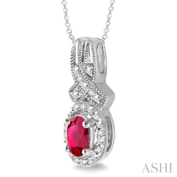 5x3 MM Oval Cut Ruby and 1/50 Ctw Single Cut Diamond Pendant in Sterling Silver with Chain 5x3 MM Oval Cut Ruby and 1/50 Ctw Single Cut Diamond Pendant in Sterling Silver with Chain