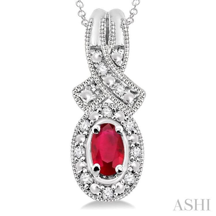5x3 MM Oval Cut Ruby and 1/50 Ctw Single Cut Diamond Pendant in Sterling Silver with Chain 5x3 MM Oval Cut Ruby and 1/50 Ctw Single Cut Diamond Pendant in Sterling Silver with Chain
