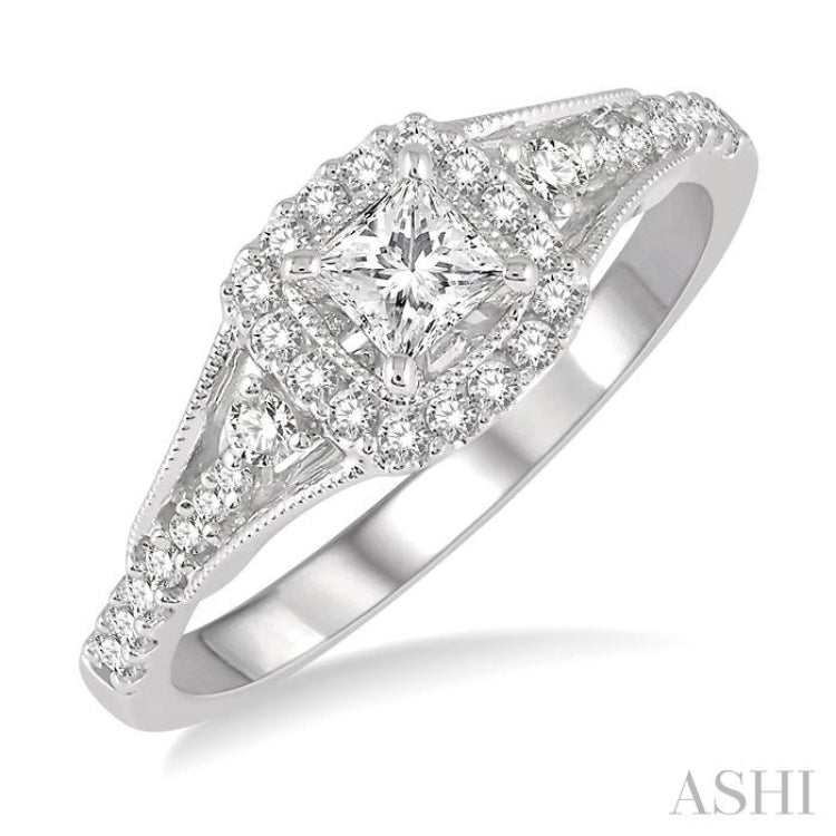 1/2 Ctw Diamond Engagement Ring with 1/5 Ct Princess Cut Center Stone in 14K White Gold 1/2 Ctw Diamond Engagement Ring with 1/5 Ct Princess Cut Center Stone in 14K White Gold