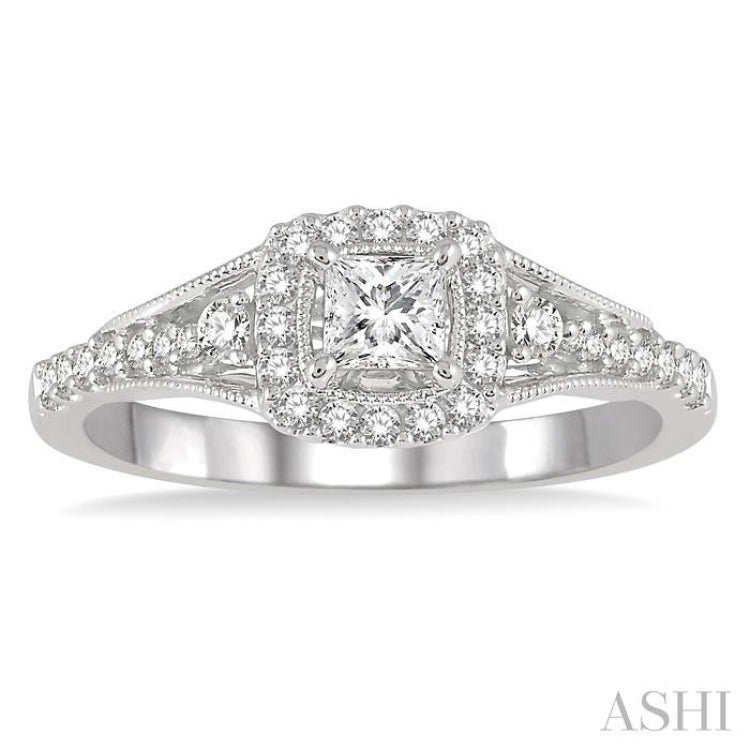 1/2 Ctw Diamond Engagement Ring with 1/5 Ct Princess Cut Center Stone in 14K White Gold 1/2 Ctw Diamond Engagement Ring with 1/5 Ct Princess Cut Center Stone in 14K White Gold