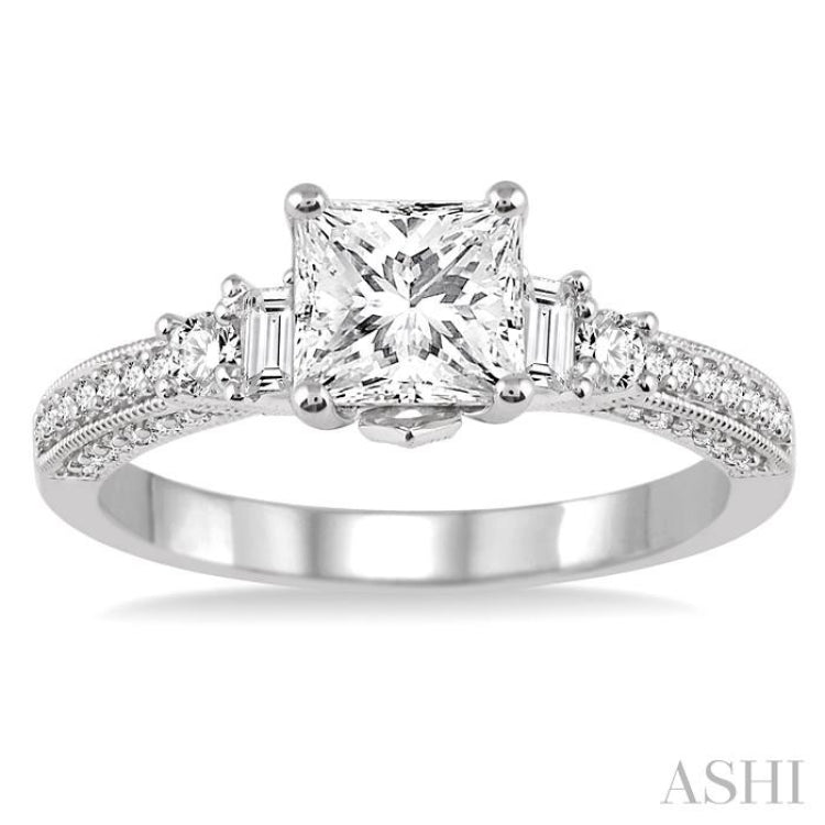 7/8 Ctw Diamond Engagement Ring with 1/2 Ct Princess Cut Center Stone in 14K White Gold 7/8 Ctw Diamond Engagement Ring with 1/2 Ct Princess Cut Center Stone in 14K White Gold