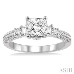 7/8 Ctw Diamond Engagement Ring with 1/2 Ct Princess Cut Center Stone in 14K White Gold 7/8 Ctw Diamond Engagement Ring with 1/2 Ct Princess Cut Center Stone in 14K White Gold