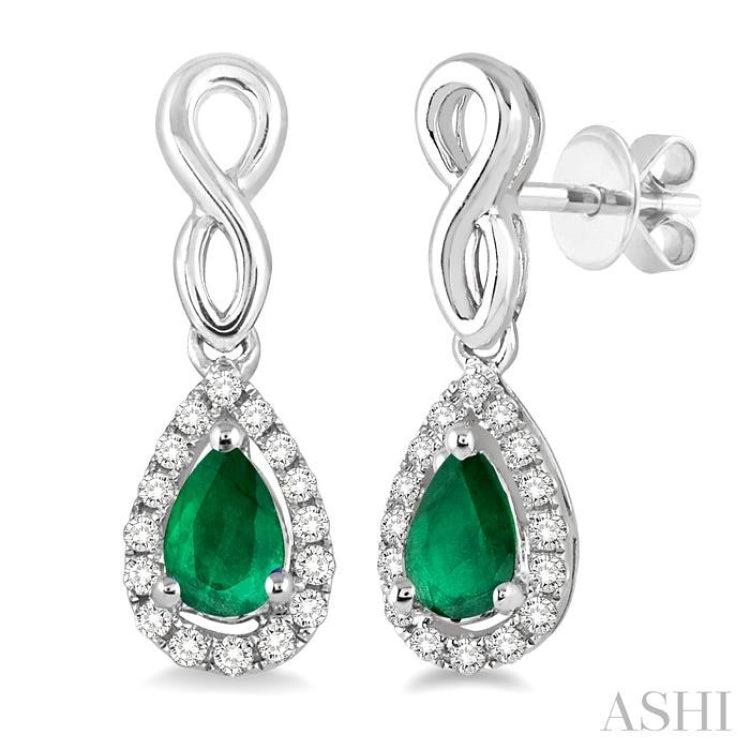 5x3 MM Pear Shape Emerald and 1/6 Ctw Round Cut Diamond Earrings in 10K White Gold 5x3 MM Pear Shape Emerald and 1/6 Ctw Round Cut Diamond Earrings in 10K White Gold