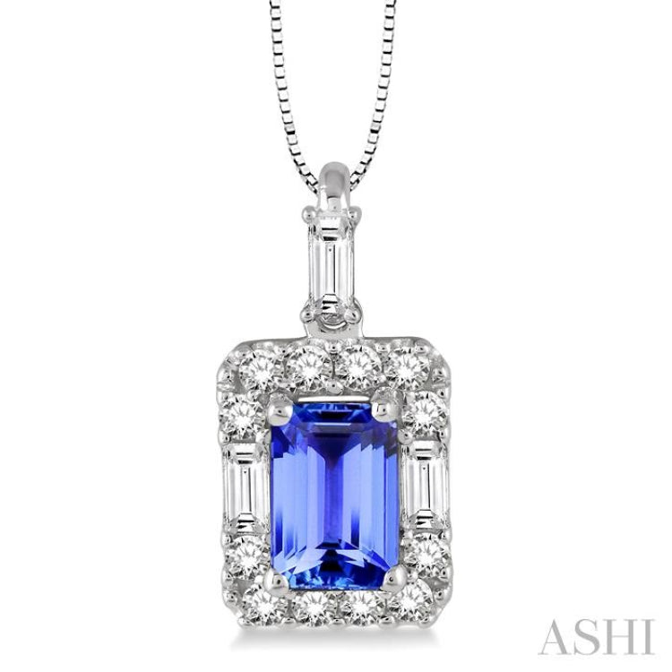 6x4 MM Octagon Cut Tanzanite and 1/3 Ctw Round Cut Diamond Precious Pendant in 14K White Gold with Chain 6x4 MM Octagon Cut Tanzanite and 1/3 Ctw Round Cut Diamond Precious Pendant in 14K White Gold with Chain