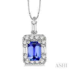6x4 MM Octagon Cut Tanzanite and 1/3 Ctw Round Cut Diamond Precious Pendant in 14K White Gold with Chain 6x4 MM Octagon Cut Tanzanite and 1/3 Ctw Round Cut Diamond Precious Pendant in 14K White Gold with Chain