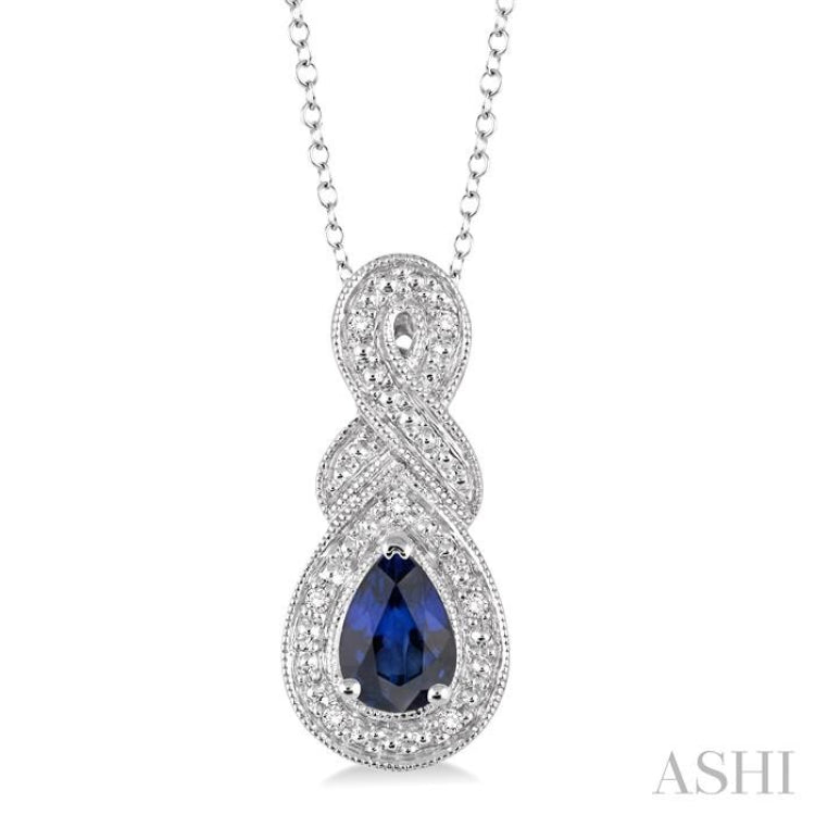 6x4 MM Pear Shape Sapphire and 1/50 Ctw Round Cut Diamond Pendant in Sterling Silver with Chain 6x4 MM Pear Shape Sapphire and 1/50 Ctw Round Cut Diamond Pendant in Sterling Silver with Chain