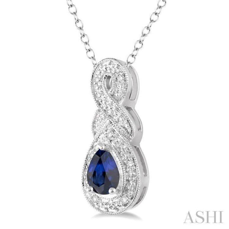6x4 MM Pear Shape Sapphire and 1/50 Ctw Round Cut Diamond Pendant in Sterling Silver with Chain 6x4 MM Pear Shape Sapphire and 1/50 Ctw Round Cut Diamond Pendant in Sterling Silver with Chain