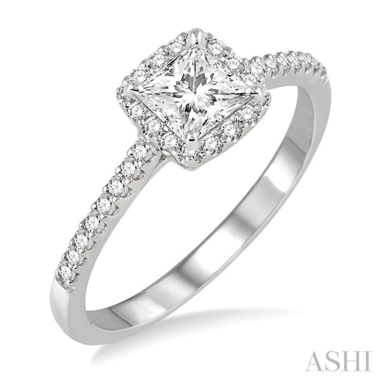 1/2 Ctw Diamond Engagement Ring with 1/4 Ct Princess Cut Center Stone in 14K White Gold 1/2 Ctw Diamond Engagement Ring with 1/4 Ct Princess Cut Center Stone in 14K White Gold