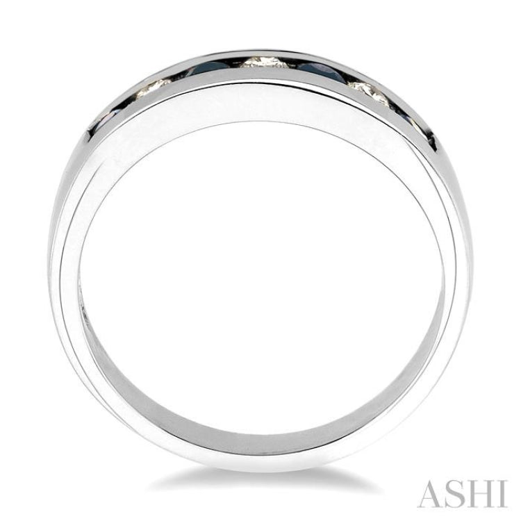 2.5 MM Round Cut Sapphire and 1/5 Ctw Channel Set Round Cut Diamond Band in 14K White Gold 2.5 MM Round Cut Sapphire and 1/5 Ctw Channel Set Round Cut Diamond Band in 14K White Gold