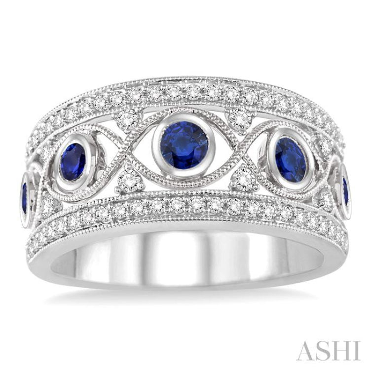 2.6 MM Round Cut Sapphire and 1/2 ctw Round Cut Diamond Precious Band in 14K White Gold 2.6 MM Round Cut Sapphire and 1/2 ctw Round Cut Diamond Precious Band in 14K White Gold