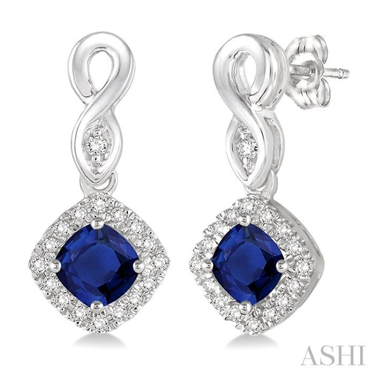 4x4 MM Cushion Shape Sapphire and 1/5 Ctw Round Cut Diamond Earrings in 10K White Gold 4x4 MM Cushion Shape Sapphire and 1/5 Ctw Round Cut Diamond Earrings in 10K White Gold