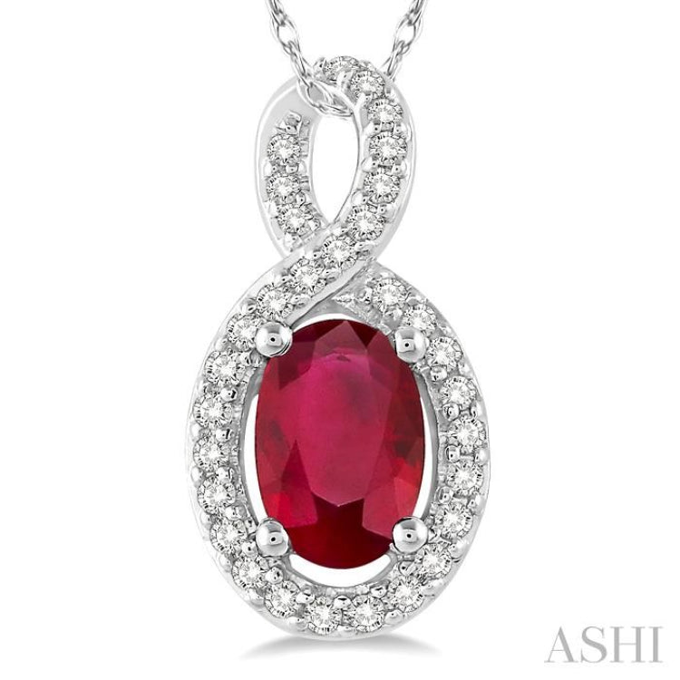 6x4 MM Oval Cut Ruby and 1/10 Ctw Round Cut Diamond Pendant in 10K White Gold with Chain 6x4 MM Oval Cut Ruby and 1/10 Ctw Round Cut Diamond Pendant in 10K White Gold with Chain