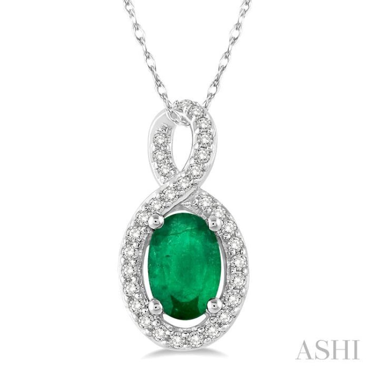 6x4 MM Oval Cut Emerald and 1/10 Ctw Round Cut Diamond Pendant in 10K White Gold with Chain 6x4 MM Oval Cut Emerald and 1/10 Ctw Round Cut Diamond Pendant in 10K White Gold with Chain