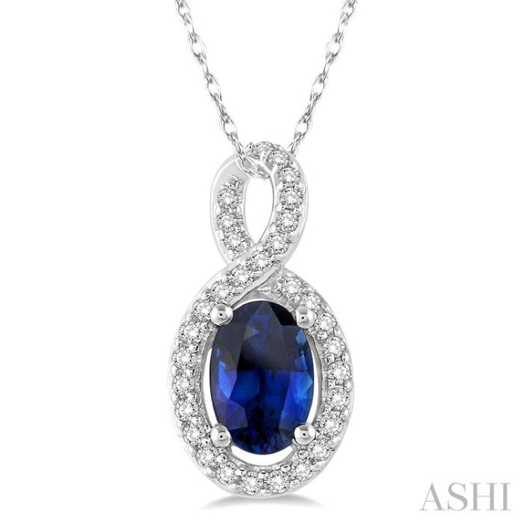 6x4 MM Oval Cut Sapphire and 1/10 Ctw Round Cut Diamond Pendant in 10K White Gold with Chain 6x4 MM Oval Cut Sapphire and 1/10 Ctw Round Cut Diamond Pendant in 10K White Gold with Chain
