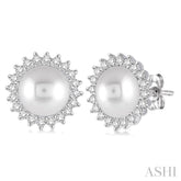 7x7 MM Round Shape Cultured Pearls and 1/4 Ctw Round Cut Diamond Earrings in 14K White Gold