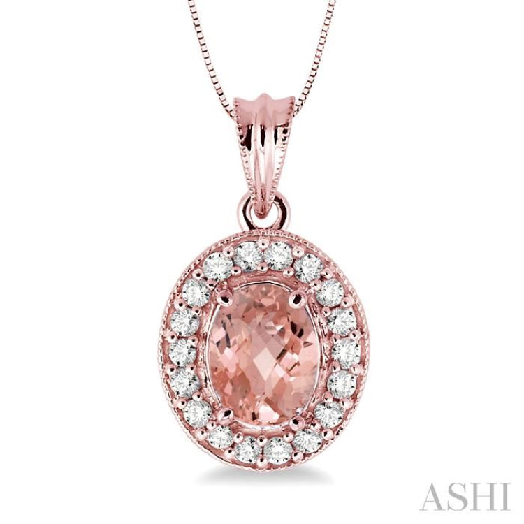8x6 MM Oval Cut Morganite and 1/3 Ctw Round Cut Diamond Pendant in 14K Rose Gold with Chain 8x6 MM Oval Cut Morganite and 1/3 Ctw Round Cut Diamond Pendant in 14K Rose Gold with Chain