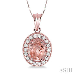 8x6 MM Oval Cut Morganite and 1/3 Ctw Round Cut Diamond Pendant in 14K Rose Gold with Chain 8x6 MM Oval Cut Morganite and 1/3 Ctw Round Cut Diamond Pendant in 14K Rose Gold with Chain