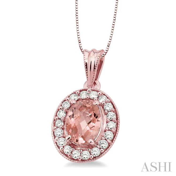 8x6 MM Oval Cut Morganite and 1/3 Ctw Round Cut Diamond Pendant in 14K Rose Gold with Chain 8x6 MM Oval Cut Morganite and 1/3 Ctw Round Cut Diamond Pendant in 14K Rose Gold with Chain