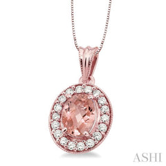8x6 MM Oval Cut Morganite and 1/3 Ctw Round Cut Diamond Pendant in 14K Rose Gold with Chain 8x6 MM Oval Cut Morganite and 1/3 Ctw Round Cut Diamond Pendant in 14K Rose Gold with Chain