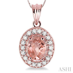 8x6 MM Oval Cut Morganite and 1/3 Ctw Round Cut Diamond Pendant in 14K Rose Gold with Chain 8x6 MM Oval Cut Morganite and 1/3 Ctw Round Cut Diamond Pendant in 14K Rose Gold with Chain