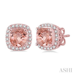 6x6 MM Cushion Shape Morganite and 1/4 Ctw Round Cut Diamond Earrings in 14K Rose Gold 6x6 MM Cushion Shape Morganite and 1/4 Ctw Round Cut Diamond Earrings in 14K Rose Gold