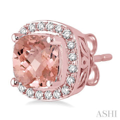 6x6 MM Cushion Shape Morganite and 1/4 Ctw Round Cut Diamond Earrings in 14K Rose Gold 6x6 MM Cushion Shape Morganite and 1/4 Ctw Round Cut Diamond Earrings in 14K Rose Gold
