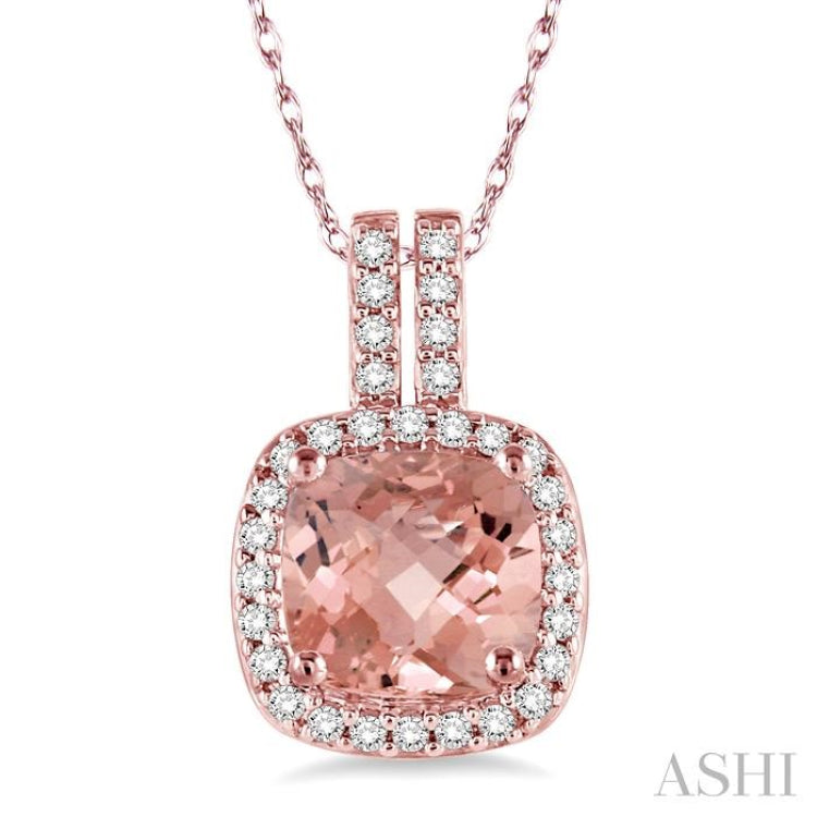7x7 MM Cushion Shape Morganite and 1/5 Ctw Round Cut Diamond Pendant in 14K Rose Gold with Chain 7x7 MM Cushion Shape Morganite and 1/5 Ctw Round Cut Diamond Pendant in 14K Rose Gold with Chain